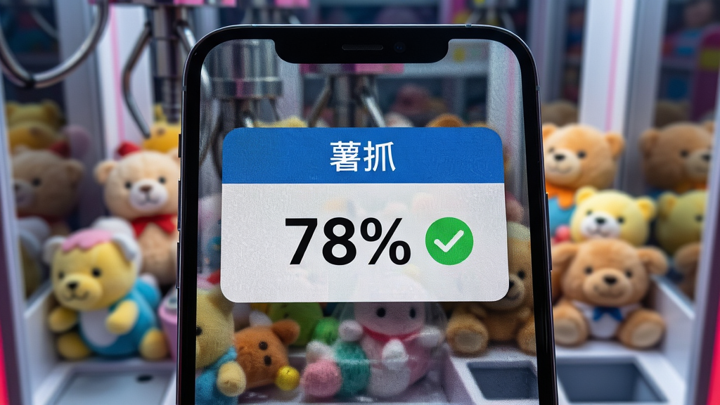 一幅AI生图,主体是一个手机屏幕特写,屏幕上显示“薯抓”的实时概率提示浮窗,数字显示“78%”并配有绿色对勾图标,背景是抓娃娃机内部视角,有毛绒玩具,布局为居中特写,排版紧凑,风格为写实科技风,细节包括屏幕像素纹理、浮窗阴影,画质高清,干净,无多余元素
