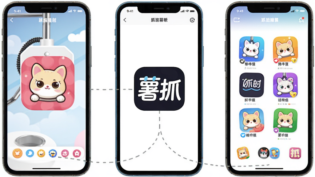 一幅AI生图,画面中并排展示三部手机,每部手机屏幕分别显示不同抓娃娃平台的图标和界面,中间有一根虚线连接到中央的“薯抓”Logo,布局为横向排列,排版对称,风格为商务科技感,细节包括手机边框、平台图标色彩,画质清晰,干净,无多余元素