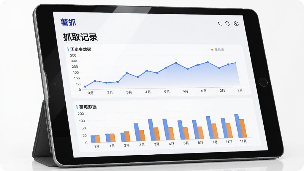 一幅AI生图,画面是一个平板电脑屏幕,显示“薯抓”的历史数据页面,有折线图和柱状图,图表颜色为蓝色和橙色,布局为上下结构,上方是标题“抓取记录”,下方是图表,排版清晰,风格为现代简约风,细节包括平板支架、屏幕反光,画质清晰,干净,无多余元素