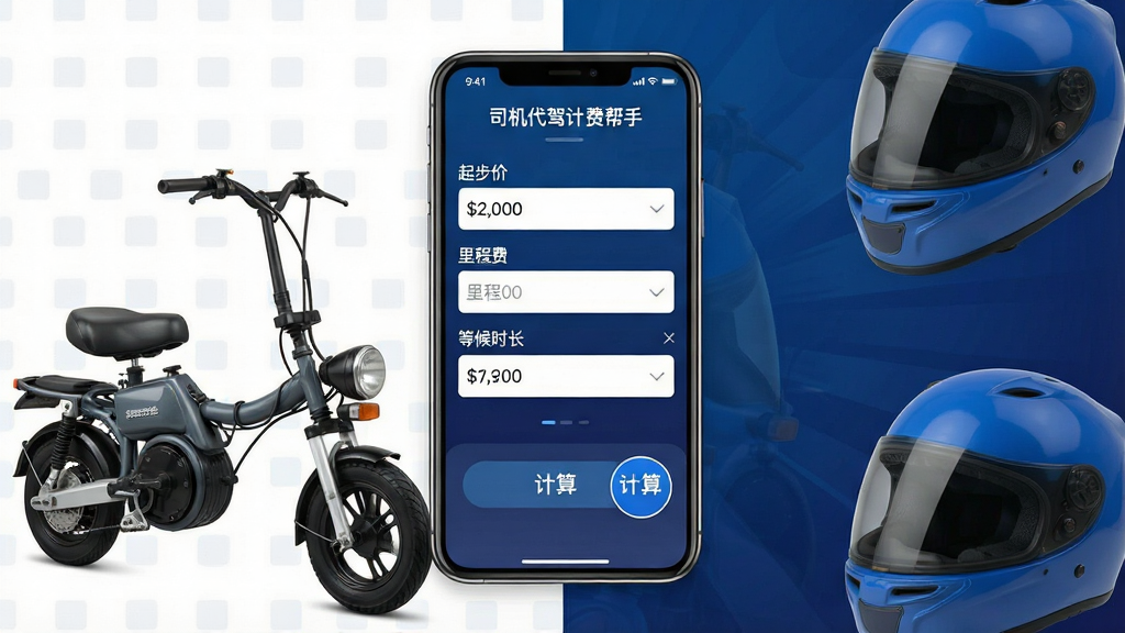 一张展示司机代驾计费帮手软件主界面的手机截图风格图片,画面中央是一部竖屏智能手机,手机屏幕上显示着“司机代驾计费帮手”的应用界面,界面中包含起步价、里程费、等候时长等计费输入框和计算按钮,背景为深蓝色渐变,周围环绕着代驾司机常用的折叠电动车和头盔元素,整体风格简洁商务,画质清晰,干净无多余元素