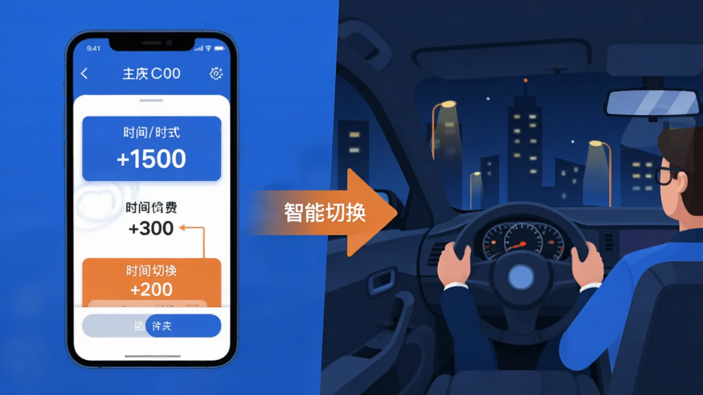 司机代驾计费帮手软件内多模式计费引擎的功能展示图,画面左侧是手机屏幕显示不同时段计费模式切换界面,右侧是代驾司机在夜间驾驶的场景,中间用箭头连接,突出“智能切换”的概念,整体色调以蓝色和橙色为主,风格扁平化设计,画质清晰,干净无多余元素