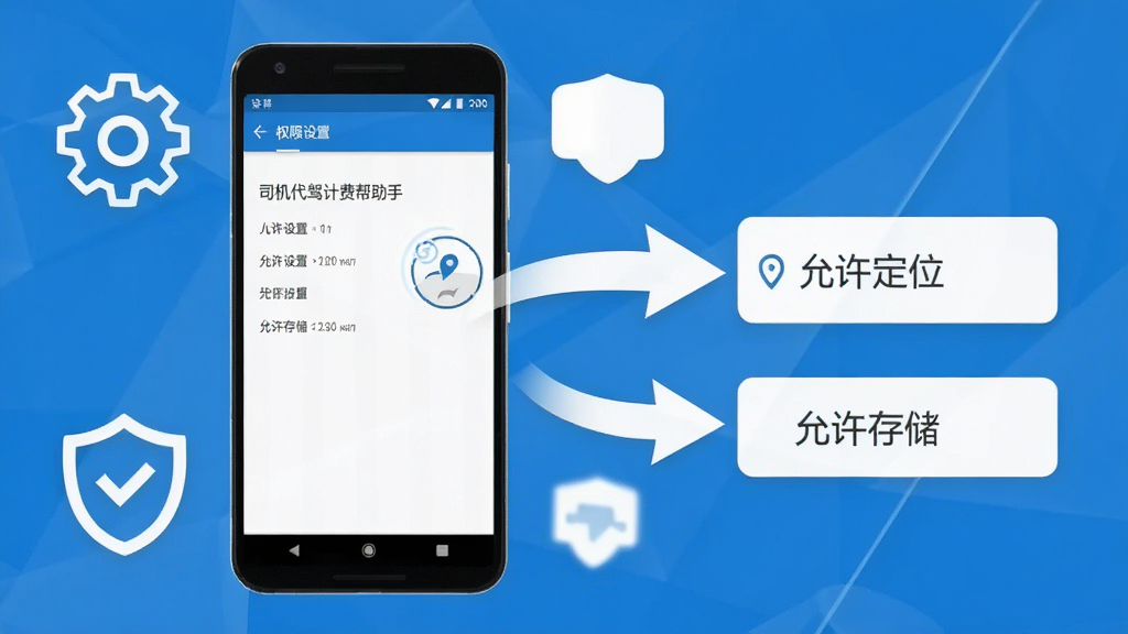 司机代驾计费帮手新手使用教程示意图,画面中一部安卓手机显示权限设置页面,旁边有箭头指向“允许定位”和“允许存储”的选项,手机周围有齿轮和盾牌图标代表设置与安全,整体风格简洁明了,色调以蓝白为主,画质清晰,干净无多余元素