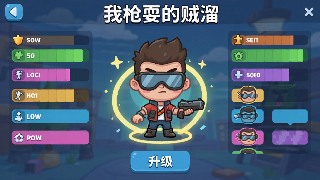 主体是一个卡通枪手角色站在升级界面中央,布局为角色居中左右两侧分布属性条和皮肤选项,排版为游戏养成界面风格,风格为扁平化卡通UI设计,细节包括角色周围有光环特效、属性条用彩色填充、下方有升级按钮,画质清晰干净无多余元素,界面顶部写