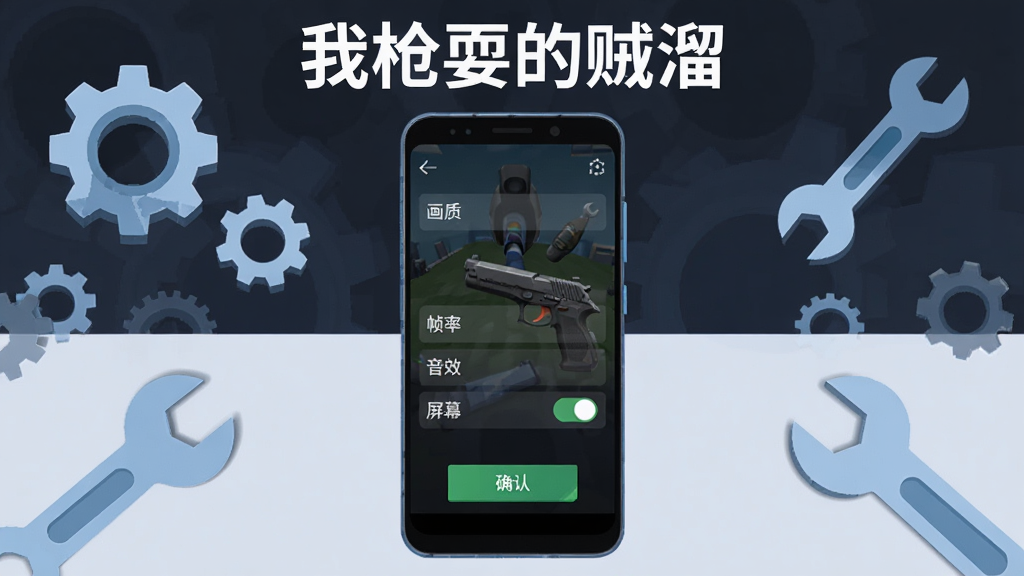 主体是一部安卓手机屏幕显示我枪耍的贼溜的游戏设置界面,布局为手机居中放置周围环绕齿轮和扳手图标,排版为教程图解风格,风格为简洁科技感扁平插画,细节包括设置选项有画质、帧率、音效开关、屏幕下方有确认按钮,画质清晰干净无多余元素,画面顶部写