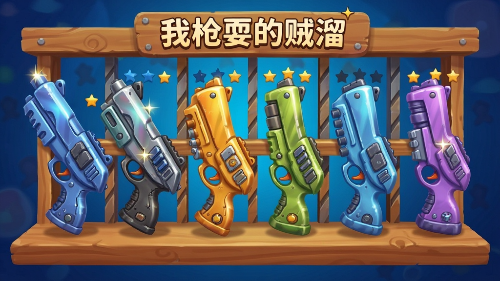 主体是一排造型夸张的卡通枪械整齐陈列在木质展示架上,布局为横向排列展示六把不同颜色的枪,排版为物品栏式构图,风格为色彩鲜艳的卡通渲染,细节包括每把枪旁边标注星级、枪身有金属反光、背景是深蓝色渐变,画质清晰干净无多余元素,展示架上方写
