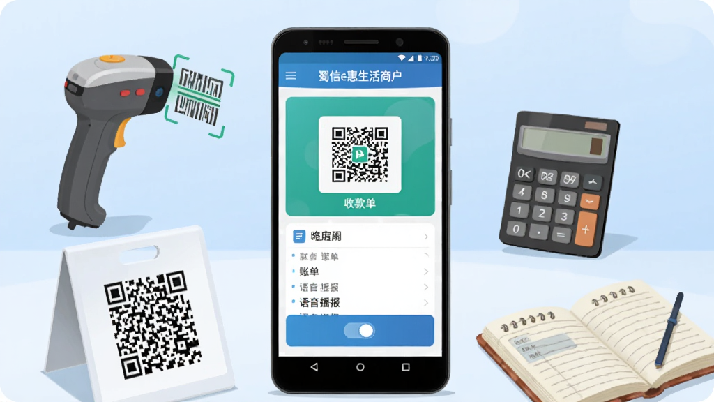 画面中央是一部安卓手机,手机屏幕上显示“蜀信e惠生活商户”APP的首页界面,界面中有收款码、账单列表和语音播报开关。手机周围环绕着扫码枪、收款二维码立牌、计算器和账本等经营元素。背景为浅蓝色渐变,整体布局简洁商务。风格为扁平化UI插画,细节清晰,画质干净,无多余元素。