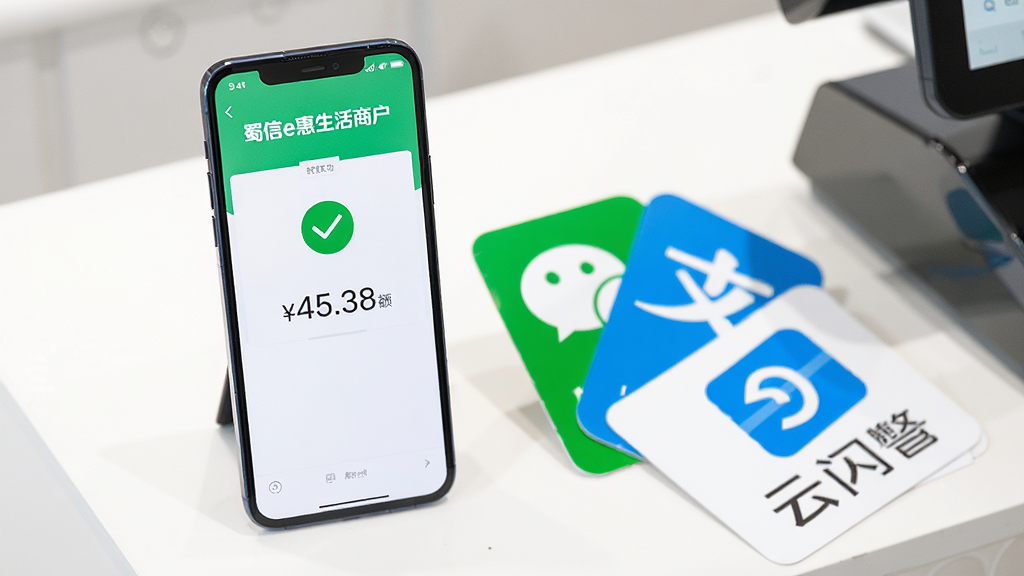 一部手机立在收银台上,手机屏幕显示“蜀信e惠生活商户”的收款成功页面,页面中央有一个绿色对勾和金额数字。手机旁边摆放着微信、支付宝、云闪付的图标卡片,卡片呈扇形展开。背景为干净的白色收银台面,光线明亮柔和。风格为写实产品展示图,细节丰富,画质清晰,无多余元素。