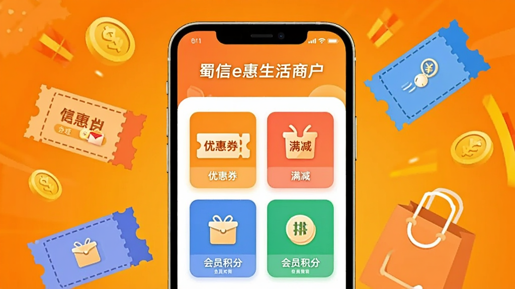 画面中央是一部手机,屏幕上显示“蜀信e惠生活商户”的营销活动创建页面,有优惠券、满减、会员积分等图标。手机周围漂浮着优惠券、金币和购物袋等元素。背景为明亮的橙黄色渐变,充满活力。风格为扁平化插画,排版活泼,画质干净,无多余元素。