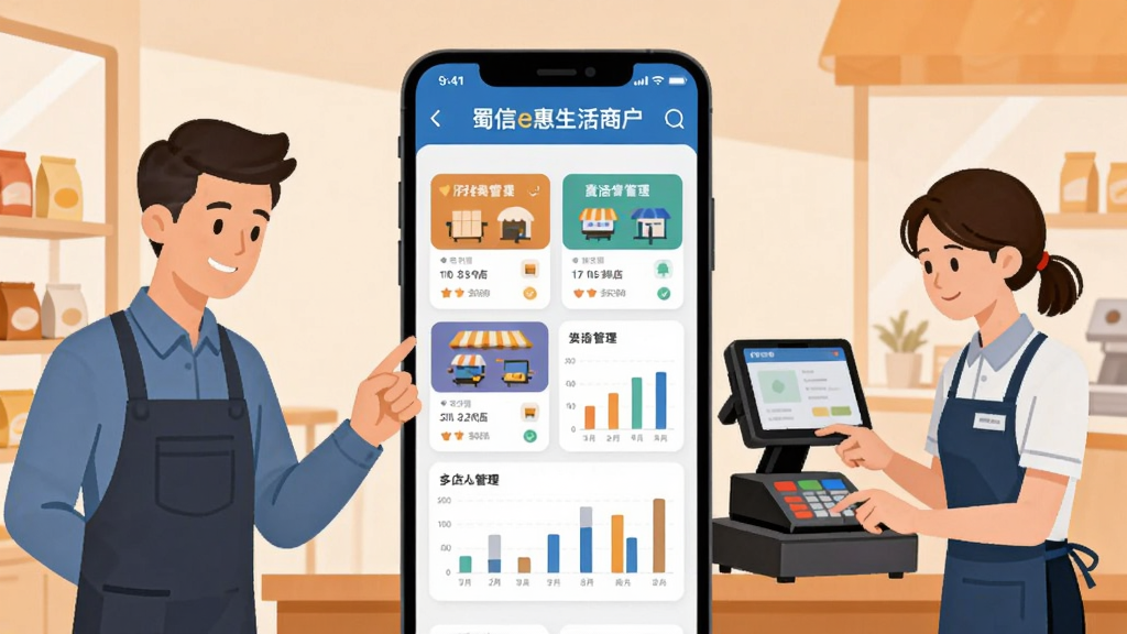 画面展示一个店铺管理的场景,中央是一部手机,屏幕上显示“蜀信e惠生活商户”的多门店管理界面,有多个门店卡片和柱状图。手机两侧分别站着一位店主和一位店员,店主在看手机,店员在操作收银设备。背景是简约的店铺内景,色调温暖。风格为扁平化商业插画,布局清晰,画质干净,无多余元素。