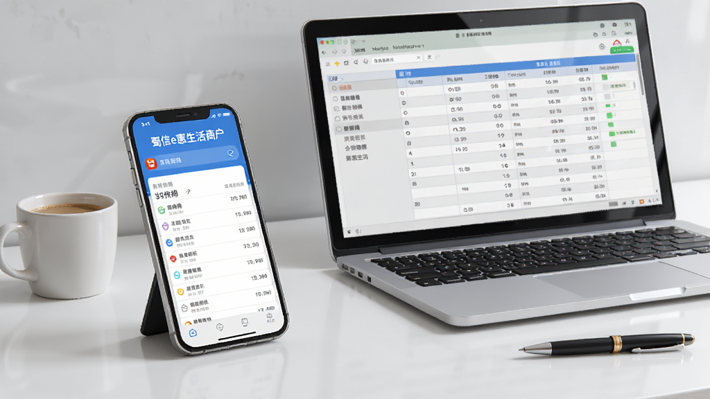 一张干净的办公桌上放着一部手机和一台笔记本电脑,手机屏幕显示“蜀信e惠生活商户”的账单列表,电脑屏幕显示对账表格。桌面上还有一杯咖啡和一支笔。背景为浅灰色墙面,光线柔和。风格为现代商务实拍感插画,细节精致,画质高清,无多余元素。