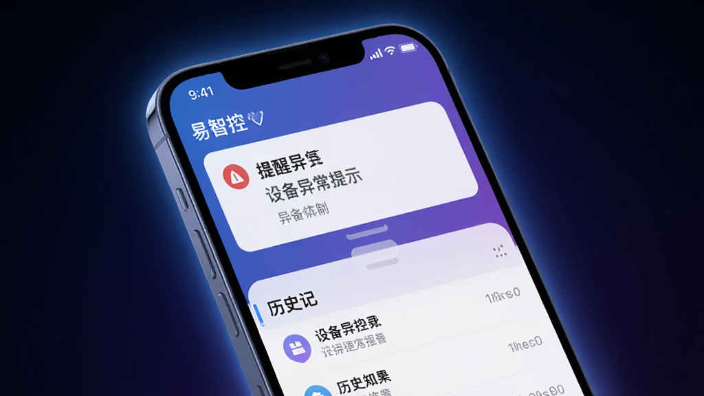 一部手机屏幕显示“易智控”通知中心界面,顶部有醒目的提醒卡片,内容为设备异常提示,下方有历史记录列表。手机周围有淡淡的发光效果,背景为深色渐变。整体风格科技感强,配色以蓝紫为主,画质清晰,文字可读,画面干净无杂物。