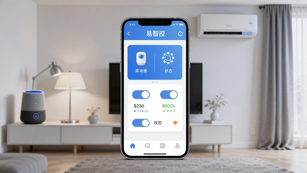 画面中央放置一部智能手机,屏幕显示“易智控”应用主界面,界面中有设备卡片、开关按钮和状态指示灯。背景为现代简约家居环境,左侧有智能音箱和台灯,右侧有空调和窗帘。整体采用扁平化科技风格,色调以蓝白为主,光线柔和均匀。画面干净整洁,无多余元素,高清画质,细节清晰,适合软件介绍配图。