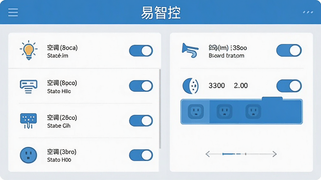 一张横向排版的智能设备管理面板截图,左侧为设备列表,右侧为控制区域,面板顶部有“易智控”字样。画面中展示灯光、空调、插座等图标,每个设备旁有开关按钮和状态文字。整体风格为现代扁平化设计,蓝白配色,布局整齐,背景为浅灰色。画质清晰,文字可辨,无杂乱元素。