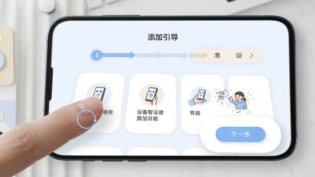 手机屏幕展示“易智控”设备添加引导页面,页面中有步骤指示条、图文说明和下一步按钮。界面采用浅色背景,圆角卡片设计,配色柔和。画面左侧有手指点击屏幕的示意。整体风格清新简约,画质高清,文字清晰,无多余元素。