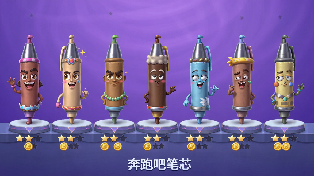 一排不同颜色的笔芯角色站在展示台上,主体为各种皮肤造型的笔芯,布局采用横向排列展示,排版将每个笔芯等距分开背景为渐变紫色,风格为游戏角色展示界面,细节包括每根笔芯有不同表情和装饰、下方有星级评分和金币图标,画质精致干净无多余元素,画面中文字标注“奔跑吧笔芯”