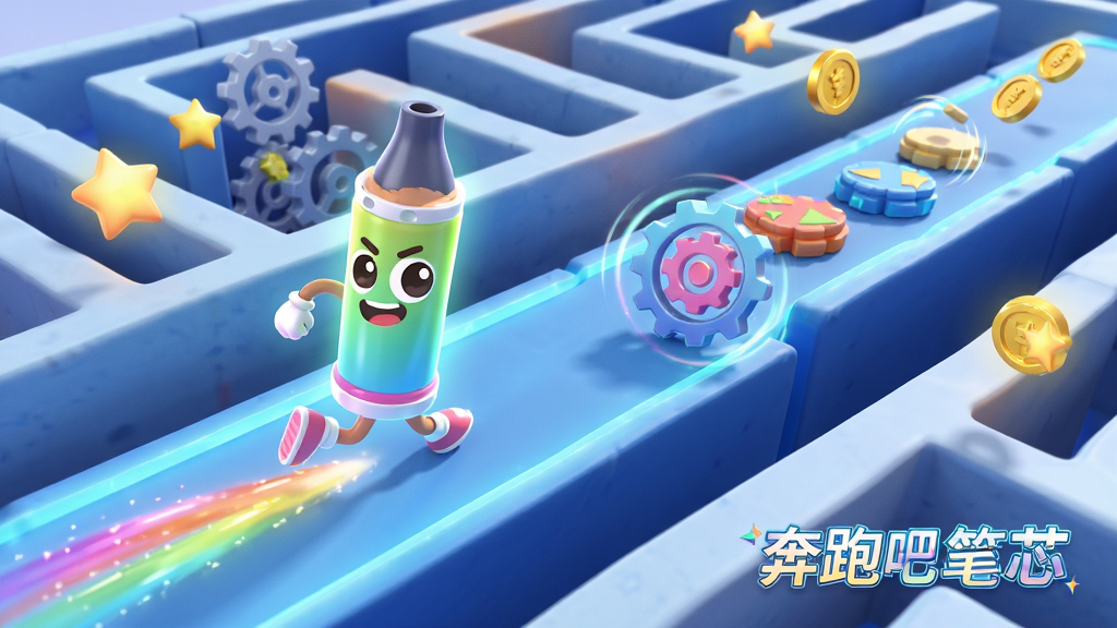 一根发光的笔芯角色在立体迷宫中奔跑,主体位于画面中央偏左,布局采用斜45度俯视视角,排版将赛道从近到远延伸,风格为科技感与卡通结合,细节包括笔芯身后留下彩色轨迹、前方有旋转齿轮和弹跳板、周围漂浮着星星和金币,画质明亮干净无多余元素,画面中文字标注“奔跑吧笔芯”