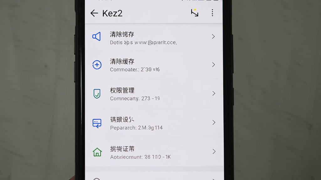 主体为一部手机屏幕显示Kez2浏览器设置界面,布局为纵向列表,排版清晰,风格为简洁实用,细节包括清除缓存、权限管理等选项,画质清晰,干净,无多余元素。