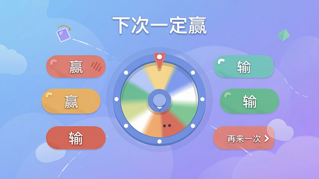 一张明亮的手机应用界面截图,居中显示“下次一定赢”软件的主页,背景是柔和的渐变蓝紫色,画面中央有一个醒目的圆形转盘或按钮,周围环绕着“赢”、“输”、“再来一次”等趣味选项,整体风格轻松活泼,扁平化设计,干净无多余元素,高清画质。