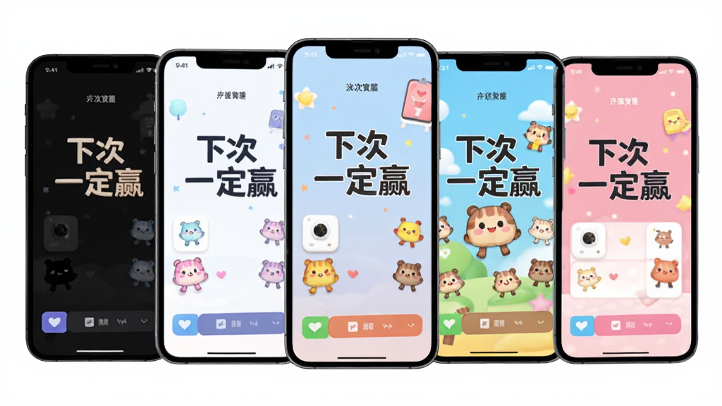 多部手机并排展示“下次一定赢”软件的不同主题界面,有深色模式、浅色模式、卡通模式等,色彩丰富,排版整齐,风格多样,高清干净,无多余装饰。