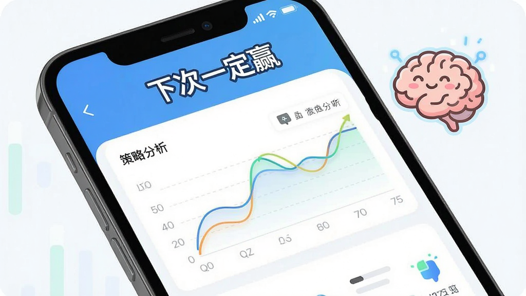 一张显示数据图表和策略分析界面的手机截图,界面顶部有“下次一定赢”文字,图表线条简洁,配色清爽,旁边有一个卡通大脑图标,整体风格科技感与趣味性结合,高清干净。