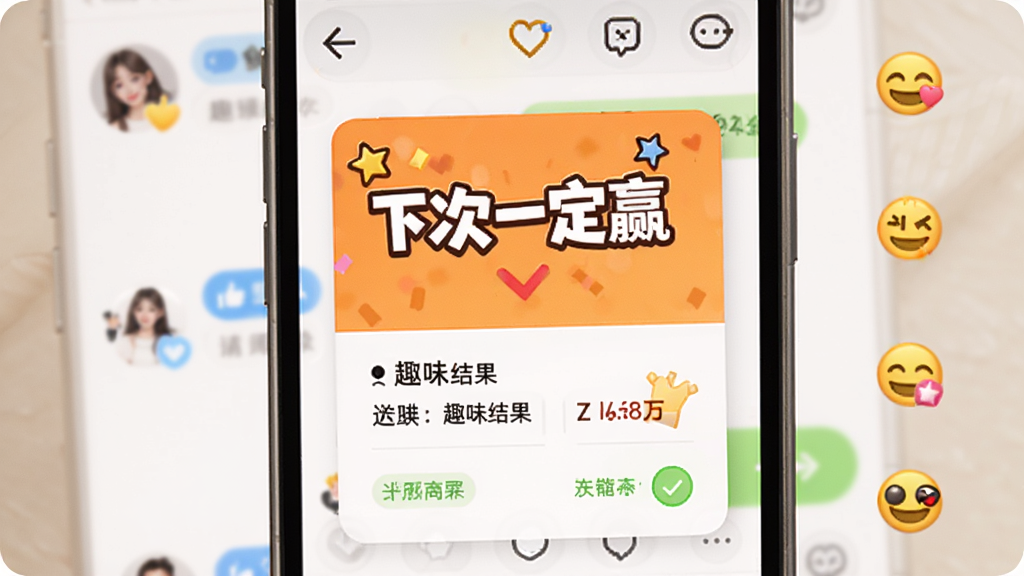 一个手机屏幕显示分享卡片,卡片上写着“下次一定赢”和趣味结果,背景是社交聊天界面,有多个点赞和笑脸表情,风格活泼,画质清晰,无杂乱元素。