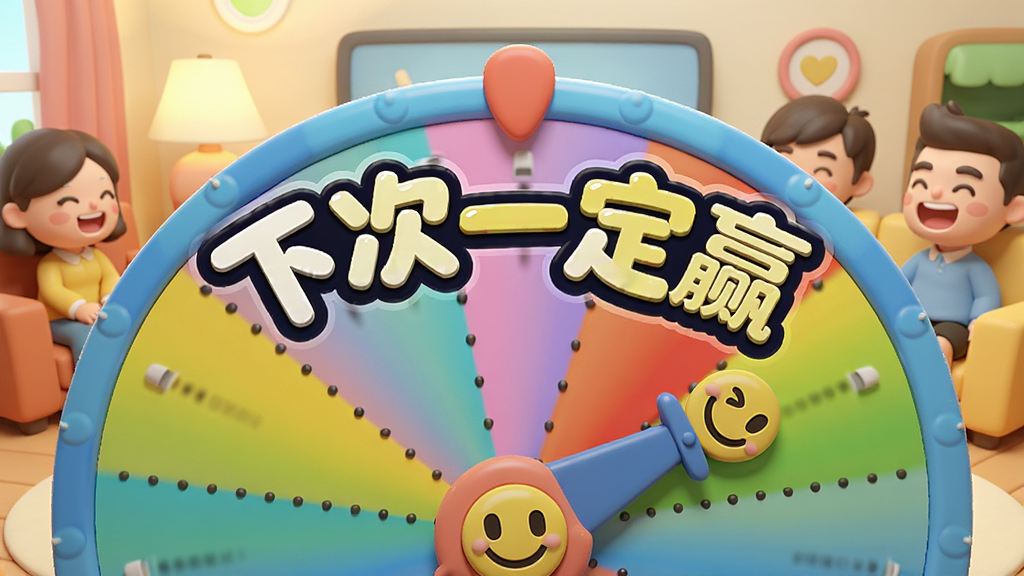 一个色彩鲜艳的转盘特写,转盘上写有“下次一定赢”的Logo,指针指向一个笑脸图标,背景是卡通风格的客厅场景,几个人围坐在一起欢笑,风格温馨幽默,画质清晰,干净整洁。
