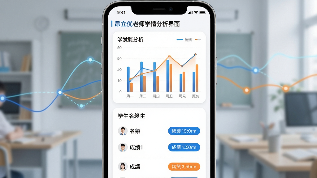 昂立优学老师学情分析界面,主体为手机屏幕显示数据图表,布局为上下分区,上半部分为柱状图与折线图,下半部分为学生名单与成绩标签,排版对称,风格为科技教育风,细节包含蓝色与橙色数据线、白色背景、圆角卡片,画质高清,干净,无多余元素