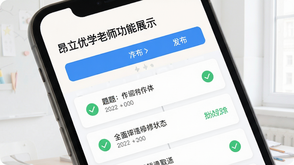 昂立优学老师功能展示图,主体为手机屏幕中显示作业布置界面,布局为上下结构,上方为作业标题与发布按钮,下方为题目列表与批改状态,排版整齐,风格为清新教育风,细节包含蓝色调按钮、绿色对勾图标、白色卡片背景,画质高清,干净,无多余元素