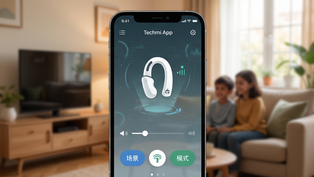 Techmi App 主界面展示,手机屏幕显示助听器连接状态,背景为温馨家庭环境,主体突出手机与助听器图标,布局居中,排版简洁,风格现代科技感,细节包含音量滑块与场景模式按钮,画质高清,干净,无多余元素
