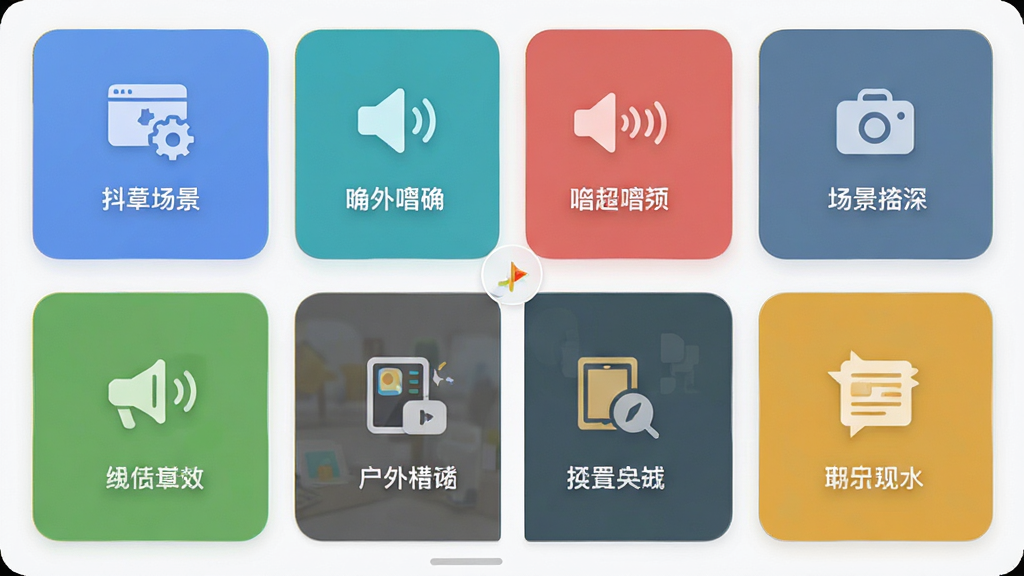 Techmi App 场景模式选择界面,多个卡片式按钮排列,主体为场景图标与文字,布局网格状,排版整齐,风格清新,细节有安静、嘈杂、户外等图标,画质高清,干净,无多余元素