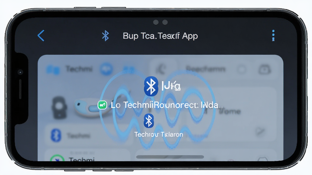 Techmi App 蓝牙配对界面,手机与助听器之间显示连接波纹,主体为配对成功提示,布局上下结构,排版清晰,风格简约科技,细节有蓝牙图标与设备名称,画质高清,干净,无多余元素