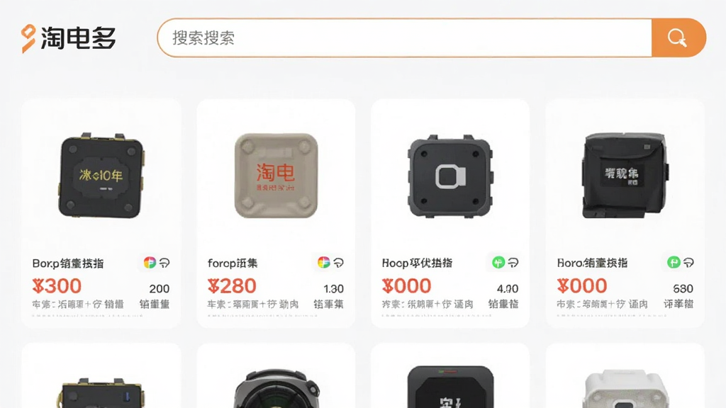 主体是淘电多软件中的商品搜索界面,布局为顶部搜索框加下方列表式商品卡片,排版清晰有序,风格为清新浅色系扁平设计,细节包括价格标签、销量数字和平台图标,画质高清、干净、无多余元素,画面中出现“淘电多”文字标识。