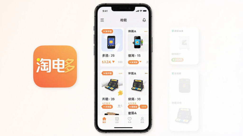 主体是淘电多APP的图标和主界面展示,布局采用手机屏幕居中排列,排版上呈现首页功能模块整齐分布,风格为现代简约扁平化设计,细节包括底部导航栏、商品卡片和优惠标签,画质高清、画面干净、无多余元素,背景为浅色渐变,整体视觉清爽明亮。
