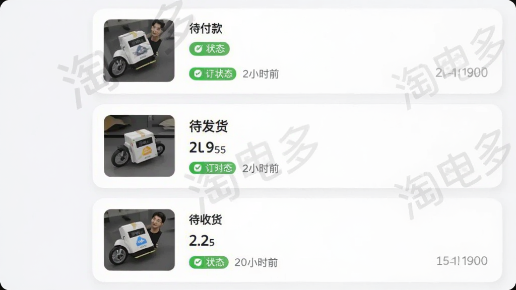 主体是淘电多订单管理页面,布局采用卡片式列表纵向排列,排版上分为待付款、待发货、待收货三个分区,风格为柔和圆角卡片设计,细节包括订单缩略图、状态标签和时间信息,画质高清、干净、无多余元素,界面中带有“淘电多”水印字样。