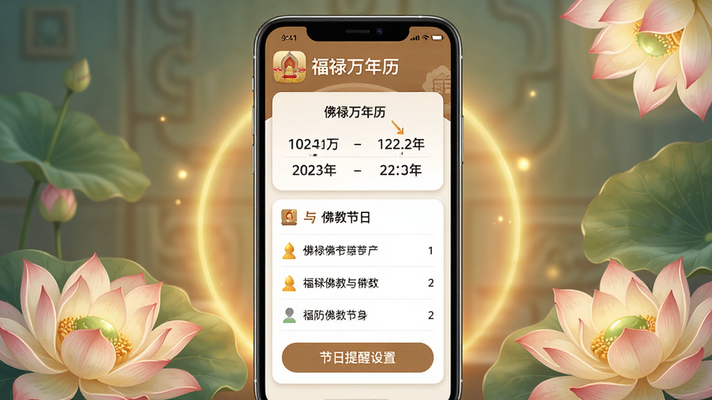 一张展示福禄万年历佛历查询功能的图片,画面中央为手机屏幕,屏幕内显示佛历日期转换结果与佛教节日列表,上方有福禄万年历应用名称,下方有节日提醒设置按钮,整体布局为卡片式排列,风格宁静祥和,细节上使用莲花与暖色光晕点缀,画质高清,干净,无多余元素