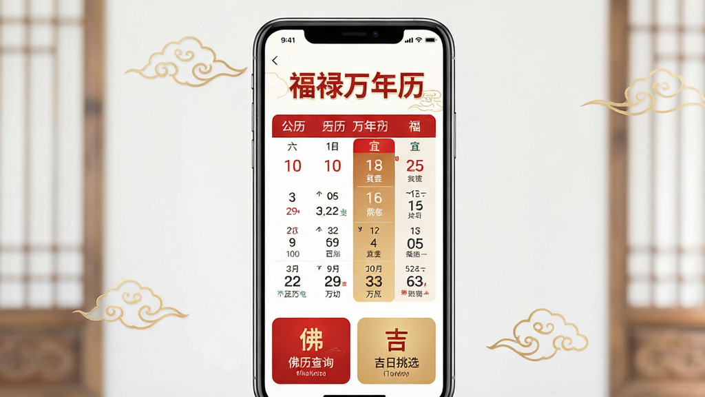 一张展示福禄万年历手机应用主界面的图片,画面中央是一部竖屏智能手机,屏幕内显示福禄万年历的日历主页面,上方有醒目的福禄万年历文字标识,中间区域展示公历农历对照与当日宜忌信息,下方排列佛历查询与吉日挑选功能入口,整体布局清晰,排版整齐,风格为现代简约中国风,细节上融入红色与金色点缀,画质高清,干净,无多余元素