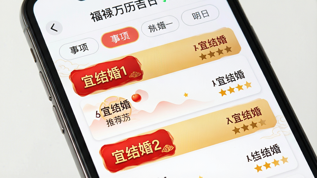 一张展示福禄万年历吉日挑选界面的图片,画面为手机屏幕正面,屏幕中显示结婚吉日筛选结果列表,每个日期旁标注宜结婚字样与星级推荐,上方有事项选择标签栏,整体排版为列表加标签组合,风格清爽明快,细节上使用红色与金色高亮推荐日期,画质清晰,干净,无多余元素