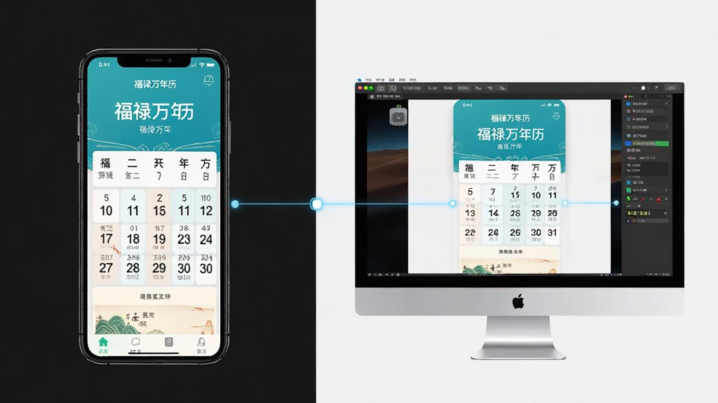 一张展示福禄万年历在手机与电脑模拟器上同时运行的图片,画面左侧为手机屏幕显示福禄万年历首页,右侧为电脑屏幕通过模拟器打开同一应用,两个界面内容一致,整体布局为左右对比排列,风格科技简约,细节上带有连接线条表示同步,画质清晰,干净,无多余元素