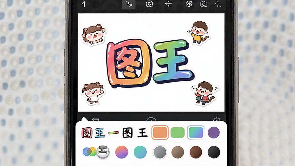 手机屏幕显示“图王”文字编辑界面,图片上添加了彩色艺术字与卡通贴纸,下方为字体与颜色选择面板,风格活泼,布局清晰,细节丰富,画质干净,无多余元素