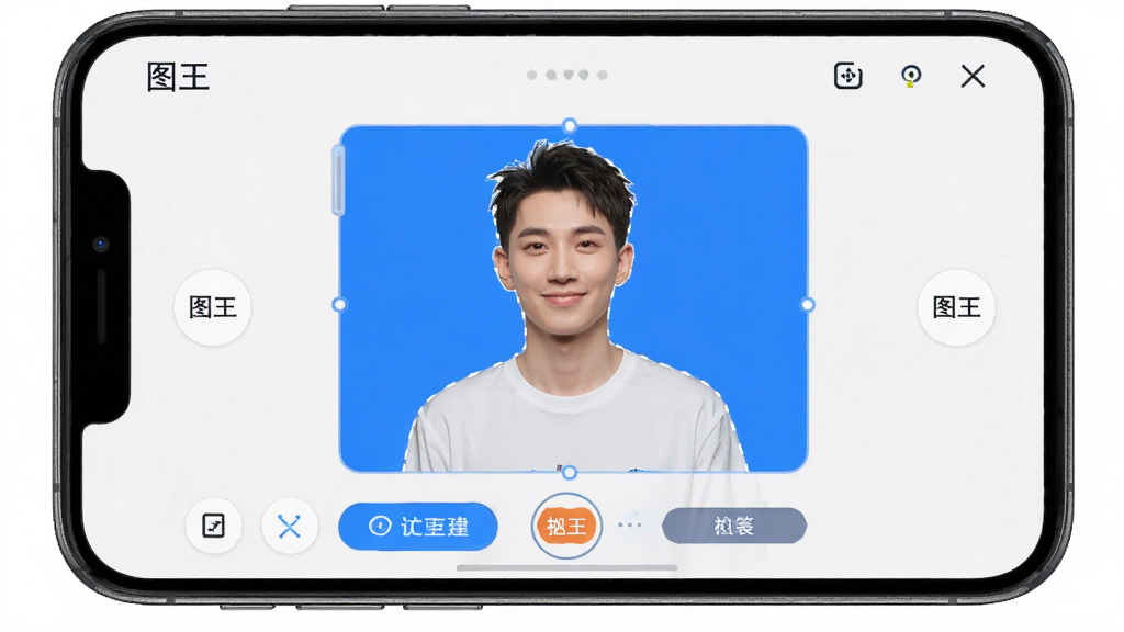 手机屏幕显示“图王”智能抠图操作界面,画面中人物被选中,背景被替换为纯蓝色,界面按钮清晰,风格简洁,细节到位,画质干净,无多余元素