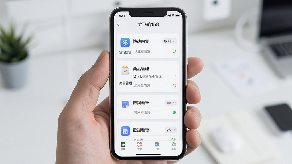 一张展示直播辅助工具界面的图片,画面主体是手机屏幕上的“立飞航158”应用界面,界面中排列着快捷回复、商品管理、数据看板等功能模块,布局为纵向列表排版,风格为现代简约科技风,细节包括图标和文字标签,画质清晰,干净,无多余元素