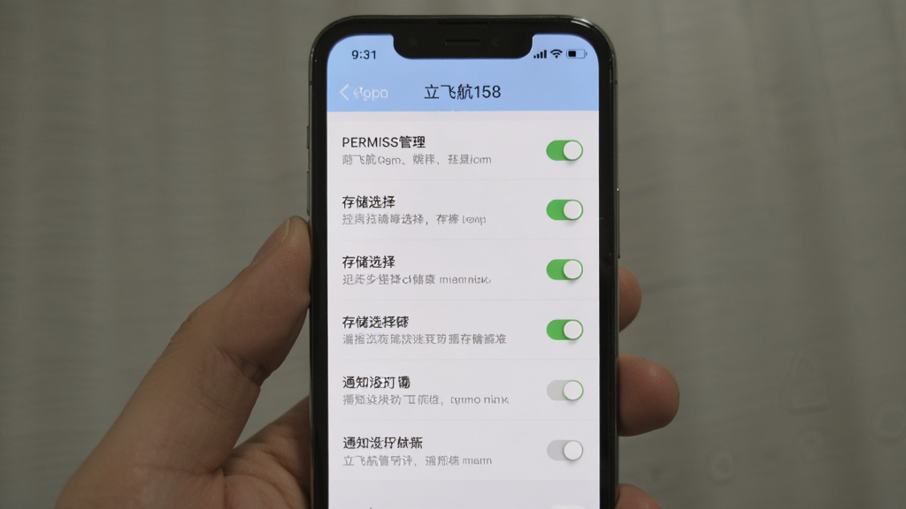 一张手机屏幕展示立飞航158应用设置界面的图片,画面主体是手机屏幕,屏幕中显示权限管理、存储选择、通知设置等选项,布局为纵向列表,风格为简洁实用风,细节包括开关按钮和文字说明,画质清晰,干净,无多余元素