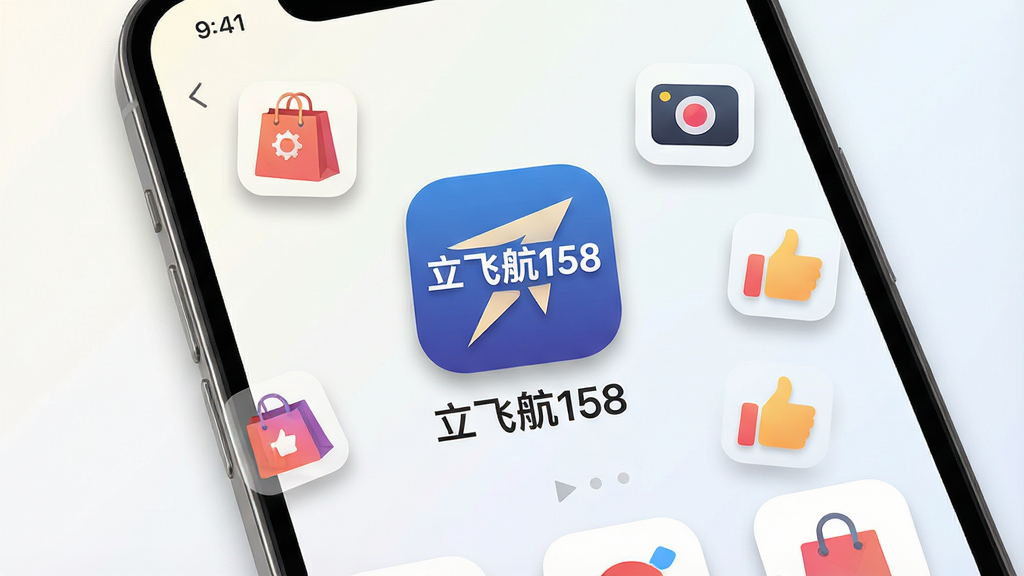 一张手机屏幕展示直播带货应用界面的图片,画面中央是“立飞航158”应用图标和名称,背景是简洁的浅色渐变,周围环绕购物袋、直播摄像头、点赞手势等小图标,布局为居中排版,风格为扁平化科技感,细节包括应用界面元素和图标阴影,画质清晰,干净,无多余元素