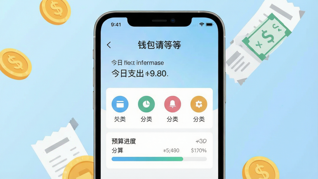 一张展示手机屏幕的图片,屏幕中央显示“钱包请等等”应用主界面,界面包含今日支出金额、分类图标和预算进度条,背景为简洁的浅蓝色渐变,周围有金币和账单元素点缀,风格清新扁平化,细节清晰,画质干净,无多余元素