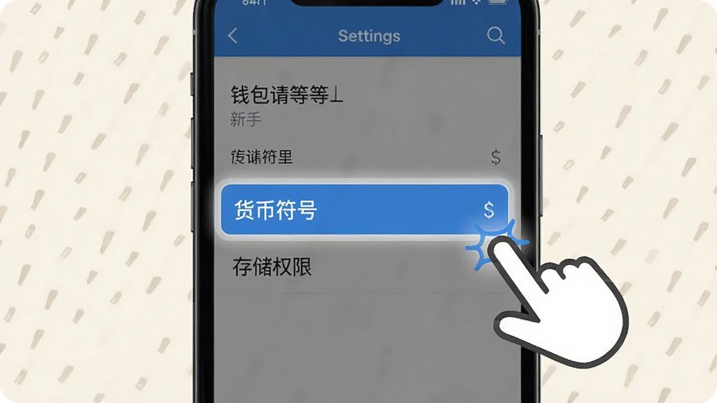 钱包请等等新手设置界面示意图,画面中手机屏幕显示应用设置菜单,高亮标注“货币符号”和“存储权限”选项,旁边有手指点击的图标,背景为浅色,风格简洁,画质干净,无多余元素