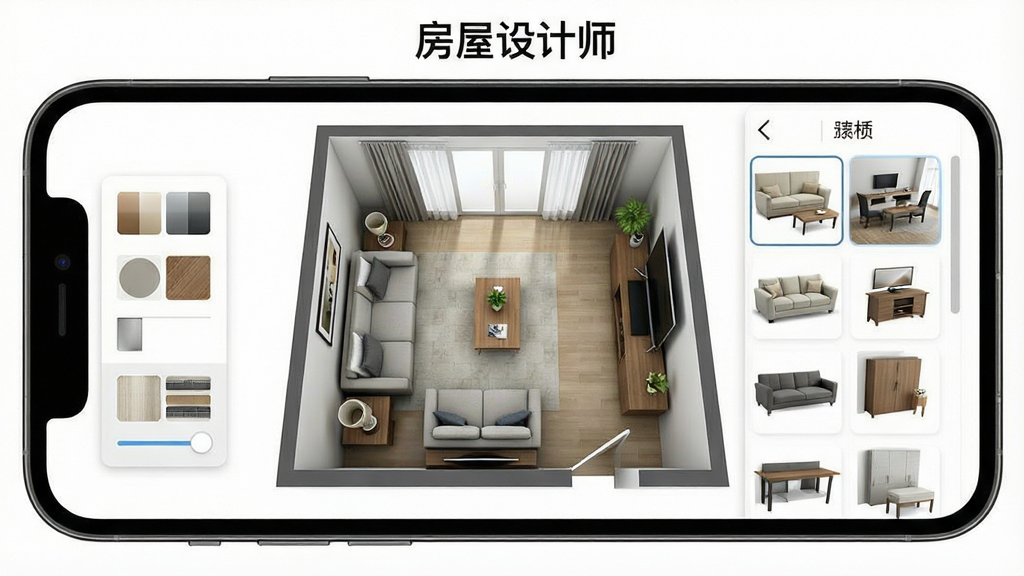 一张展示手机屏幕内3D房屋设计界面的图片,画面中央是俯视视角的客厅户型图,沙发、茶几、电视柜摆放整齐,右侧是家具素材库面板,左侧是颜色与材质调节栏,顶部有“房屋设计师”文字标识,整体布局清晰,风格为现代简约3D渲染,细节丰富,画质干净,无多余元素