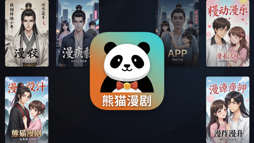 软件主界面全貌展示,画面中央是熊猫漫剧APP的图标与名称,背景为深色渐变风格,周围环绕多部热门漫剧封面海报,包含古风、都市、恋爱等题材,整体排版干净整洁,风格现代简约,细节清晰,画质高清,干净无多余元素