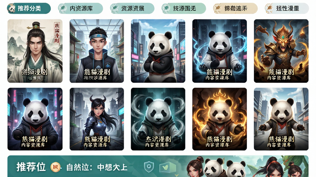 熊猫漫剧内容资源库展示,画面以网格形式排列多部漫剧作品封面,封面包含古风人物、现代都市场景、玄幻特效等元素,顶部有分类标签栏,底部有推荐位横幅,排版整齐,风格清新明快,细节丰富,画质高清,干净无多余元素
