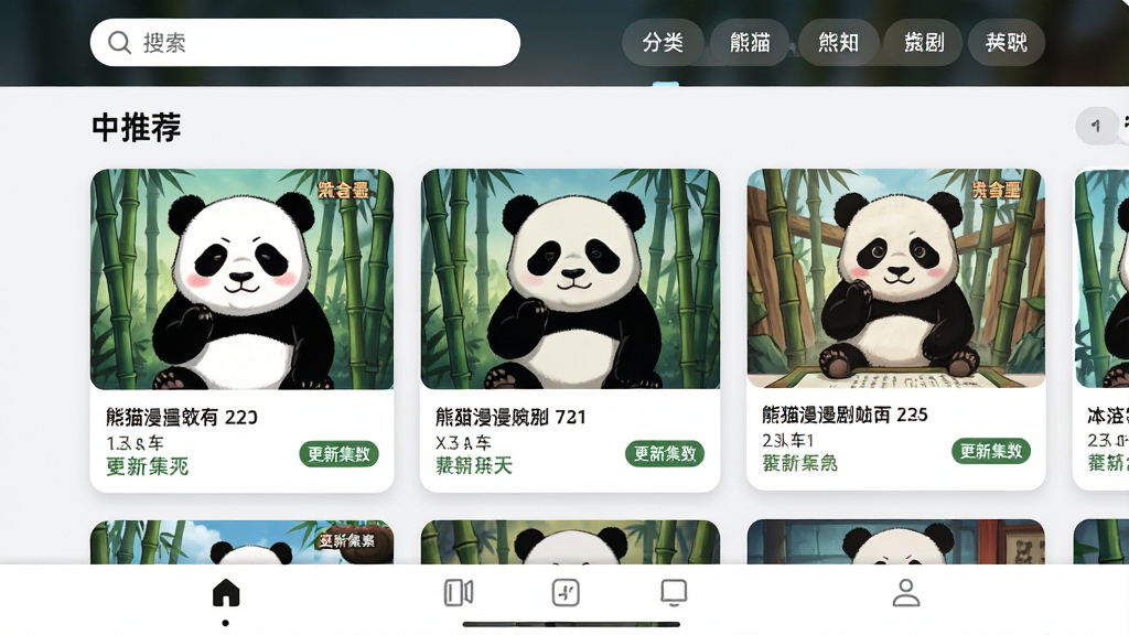 熊猫漫剧个性化推荐界面,画面展示首页推荐流,包含多张漫剧卡片,每张卡片有封面、标题与更新集数标签,顶部有搜索框与分类入口,底部有导航栏,排版清晰,风格现代,细节丰富,画质高清,干净无多余元素