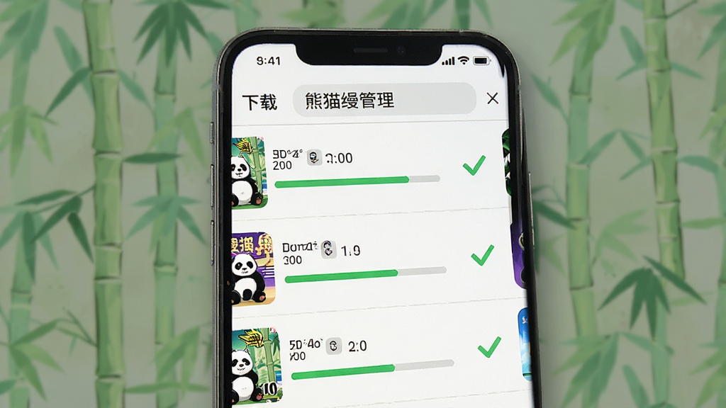 熊猫漫剧离线缓存功能展示,画面中手机屏幕显示下载管理界面,多个漫剧剧集正在下载中,进度条清晰可见,旁边有已完成的勾选标记,界面简洁,风格扁平化,细节清晰,画质高清,干净无多余元素